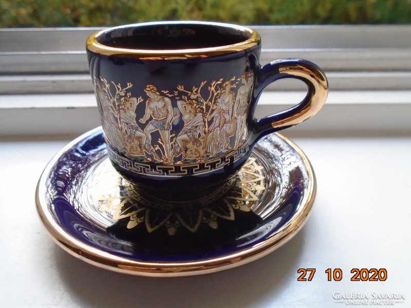 Hand painted gold, silver and colored enamel with Greek mythological frieze designs, mocha cup with coaster