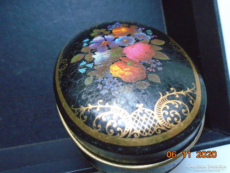 Viktoriánus virágcsokor festéssel, arany csipkés mintákkal, angol ovális fém cukorkás doboz