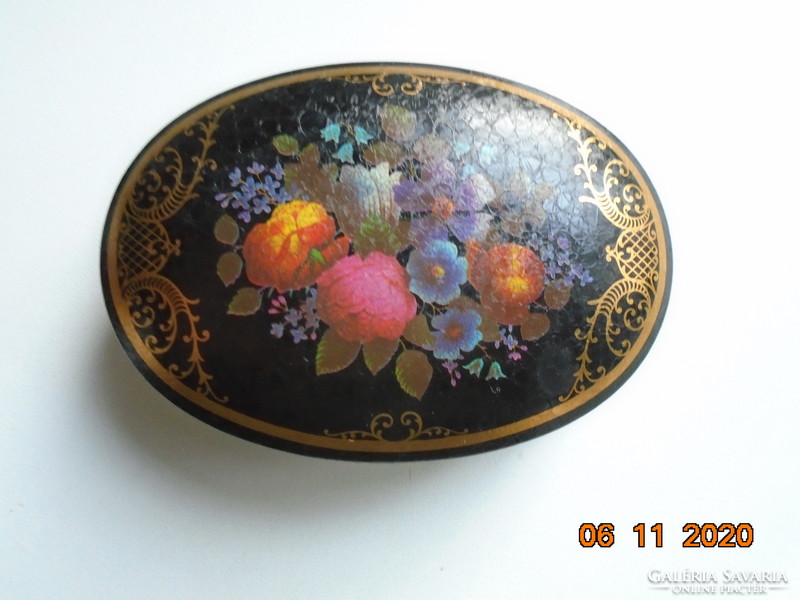 Victorian flower bouquet with painting, gold lace patterns, English oval metal candy box