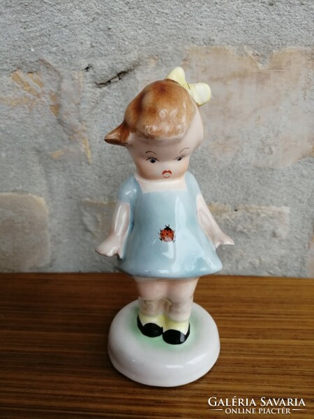 Bodrogkeresztúr little lady figurine / nipp, water blue dress, yellow bow