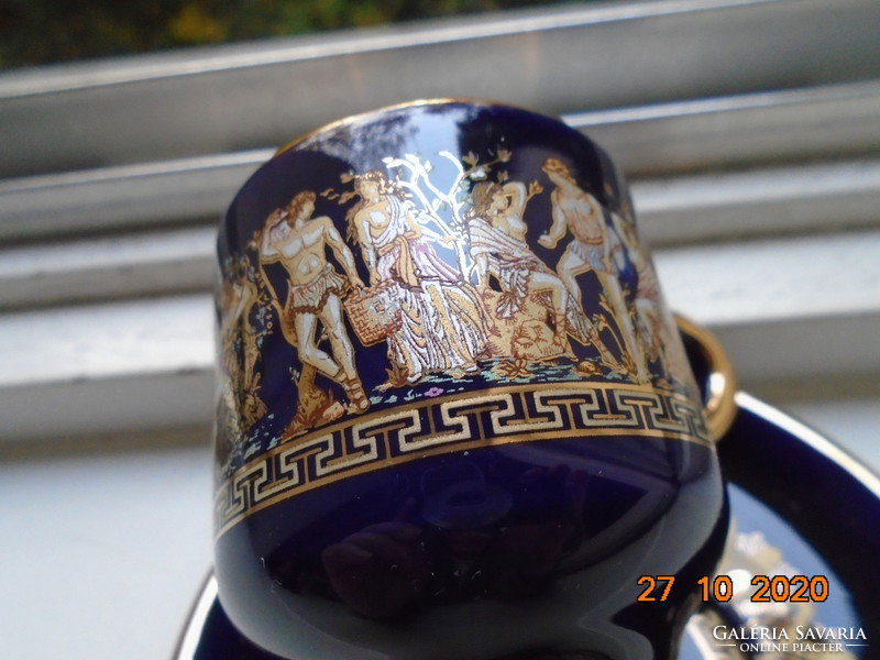Hand painted gold, silver and colored enamel with Greek mythological frieze designs, mocha cup with coaster
