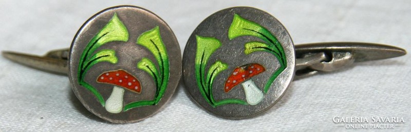 Antique enamel silver mushroom decorated cuff button pair monarchy contemporary