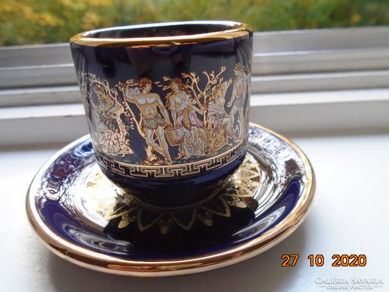 Hand painted gold, silver and colored enamel with Greek mythological frieze designs, mocha cup with coaster