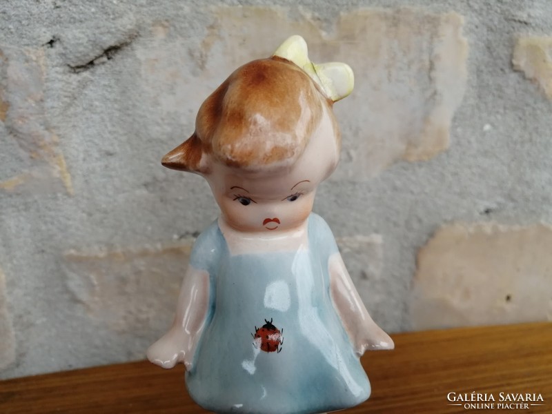 Bodrogkeresztúri katicás kislány figura /nipp, vízkék  ruha, sárga masni