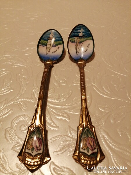 2 pieces, art nouveau, fire enamel inlay (balaton), ornament, souvenir spoon, coffee - tea spoon, decoration.