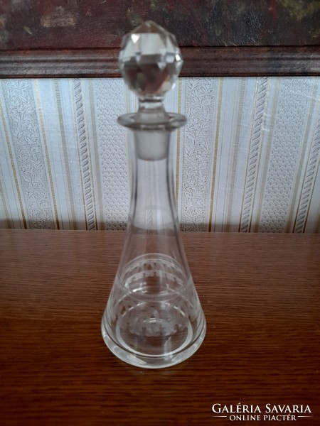 Art deco glass bottle, liqueur glass with stopper, engraved pattern