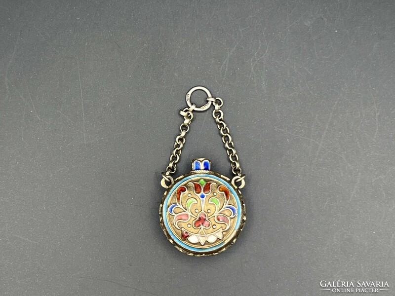 Old silver pocket watch pendant/pendant in the shape of a Hungarian water bottle with compartment enamel