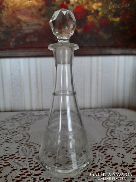 Art deco glass bottle, liqueur glass with stopper, engraved pattern