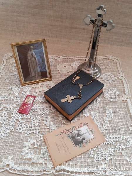 Antique nun's legacy hymn book metal table cross copper rosary in copper metal garden Virgin Mary picture