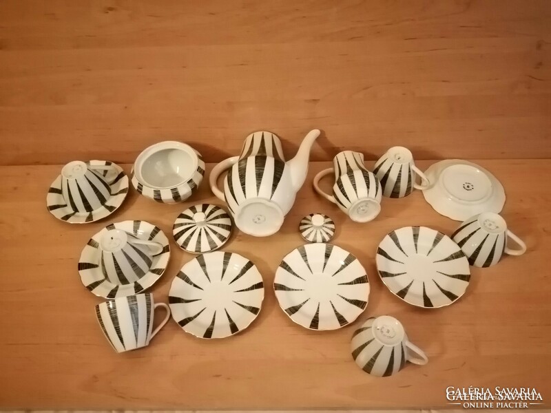 Extrém ritka Art deco jelzett porcelán fehér fekete csíkos kávés készlet