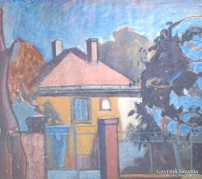 Zoltán Angyalföldi szabó: street scene with yellow house (pastel, 87x77 cm) auctioned picture