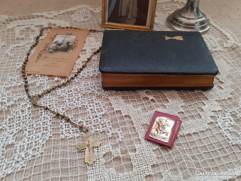 Antique nun's legacy hymn book metal table cross copper rosary in copper metal garden Virgin Mary picture