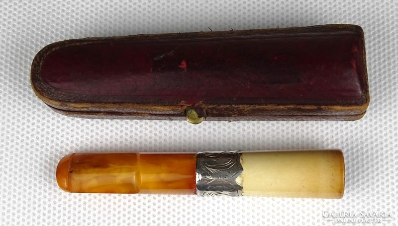 1L261 Antik borostyán - Sterling ezüst - borostyán cigaretta szipka eredeti bőr tokjában 1876