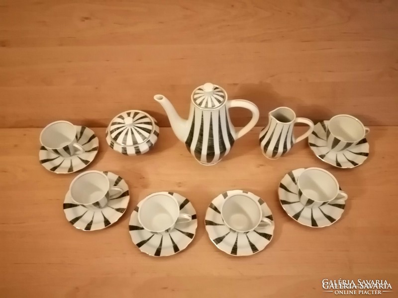 Extrém ritka Art deco jelzett porcelán fehér fekete csíkos kávés készlet