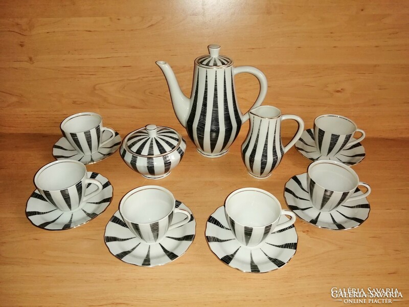 Extrém ritka Art deco jelzett porcelán fehér fekete csíkos kávés készlet