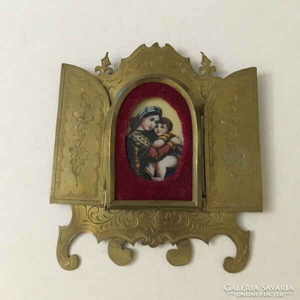 Antik Kis Szárnyasoltár Madonna Istenanya a Gyermek Jézussal