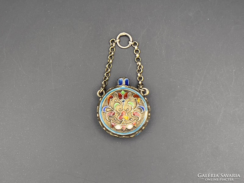 Old silver pocket watch pendant/pendant in the shape of a Hungarian water bottle with compartment enamel
