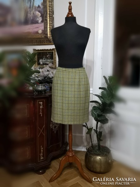 Bianca 40 100% wool pistachio green pencil skirt, cobalt blue-brown grid