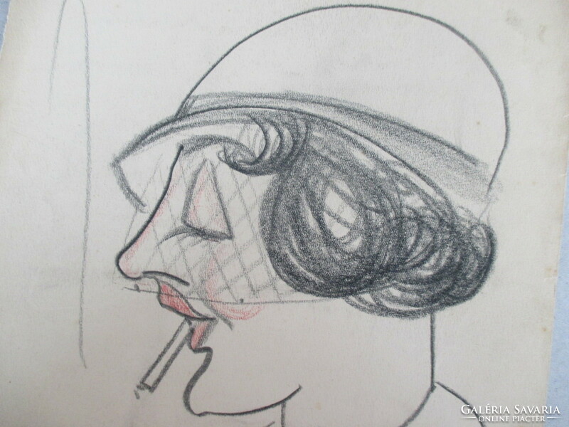Art deco caricature from 1932: woman in veiled hat. Unknown creator.