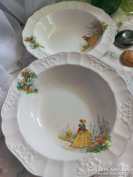 Crinoline lady, empire English faience plate, 2 bowls, 1956