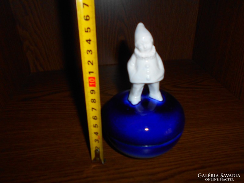 Antique porcelain faience box with clown figurine on top with pliers