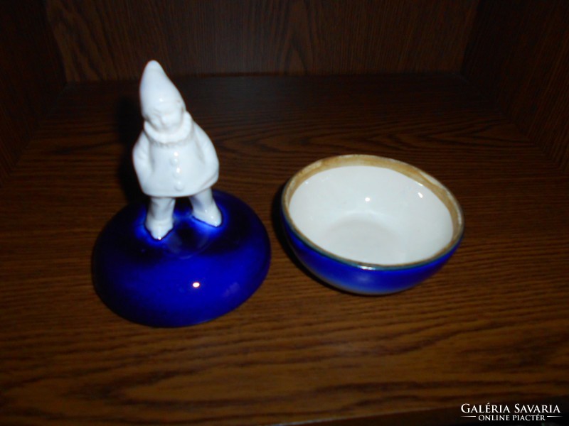Antique porcelain faience box with clown figurine on top with pliers