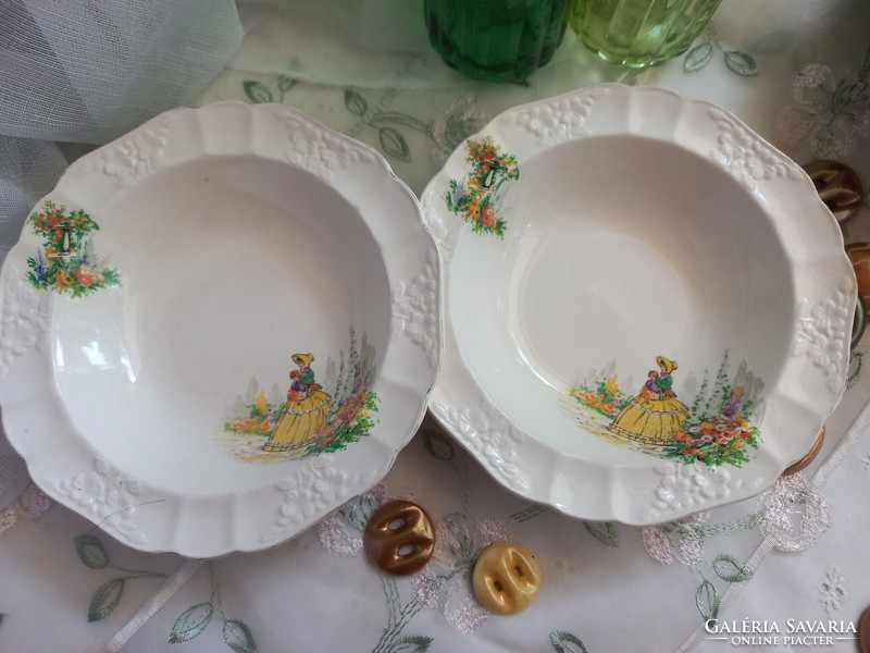 Crinoline lady, empire English faience plate, 2 bowls, 1956