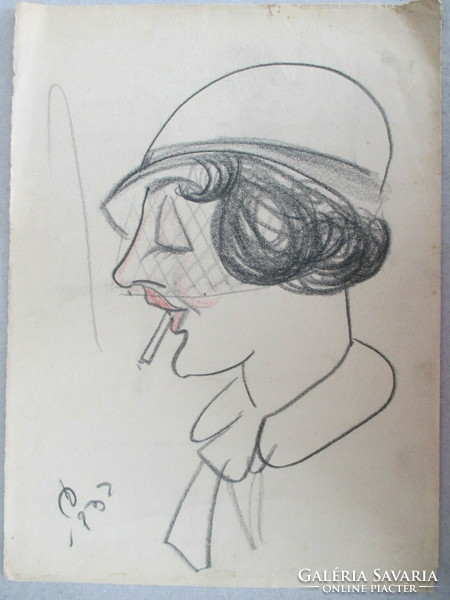 Art deco caricature from 1932: woman in veiled hat. Unknown creator.