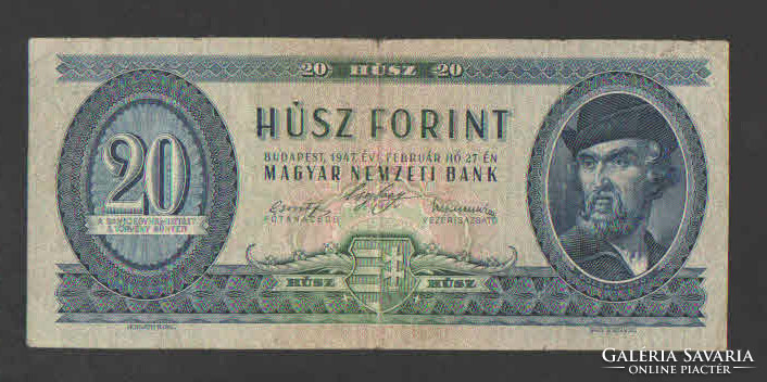 20 forint 1947. Szép, eredeti tartású bankjegy!! F+!! RITKA!!