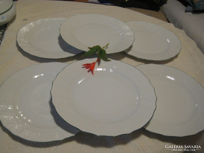 Herendi , fehér , lapos tányér ,  6 db , zöld peremmel , 258 cm , 1524 jelű , használva még nem volt
