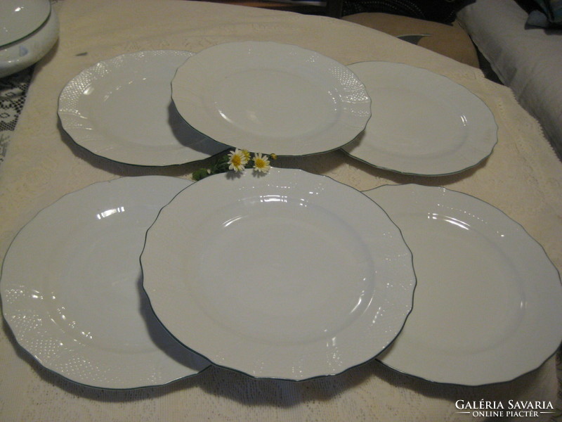 Herendi, white, flat plate, 6 pieces, with green rim, 258 cm, marked 1524, never used