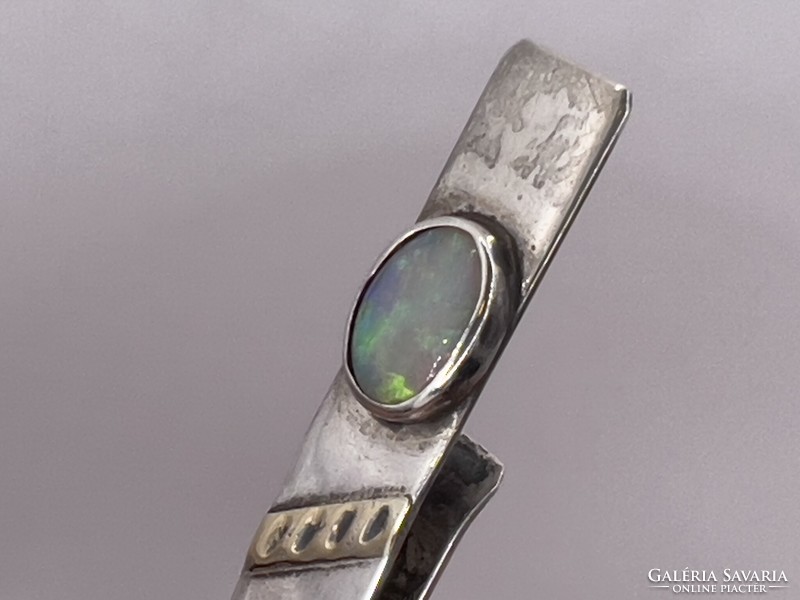 Silver tie pin with Australian fire opal stone with gold inlay