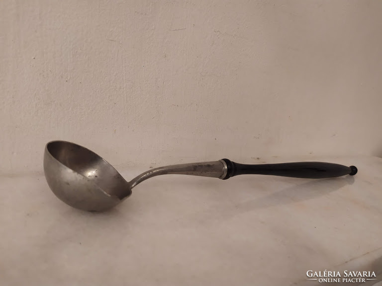 Antique kitchen tool museum patina wooden handle pewter sauce ladle 19th century 111p 6142