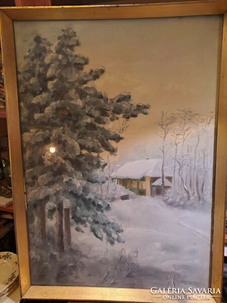 Snow-covered landscape with a hunting lodge