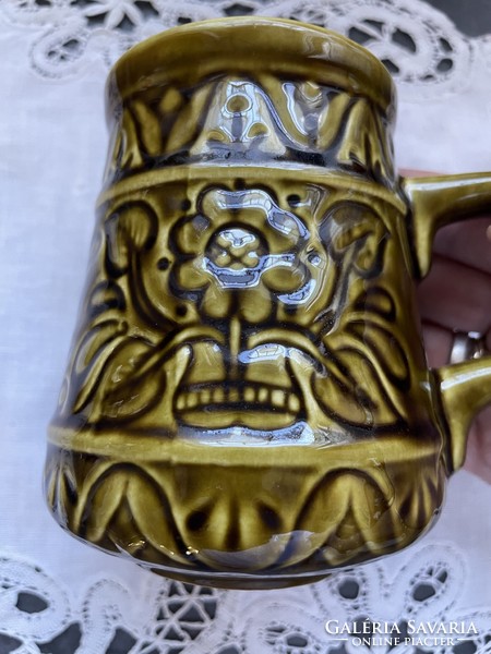 Old, thick-walled, green-glazed granite ceramic beer mug, beer mug