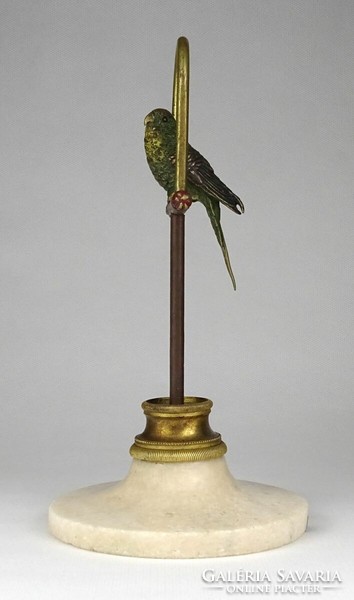 1L349 Antik papagáj festett színezett bécsi bronz szobor márvány talapzaton 20.5 cm