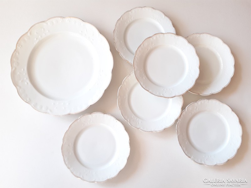 Régi fehér szecessziós porcelán Geschützt desszertes étkészlet tányér 6 db