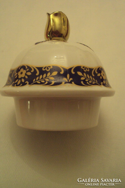 Gold rose holder, high base, blue flower garland pattern, porcelain bonbonier top.
