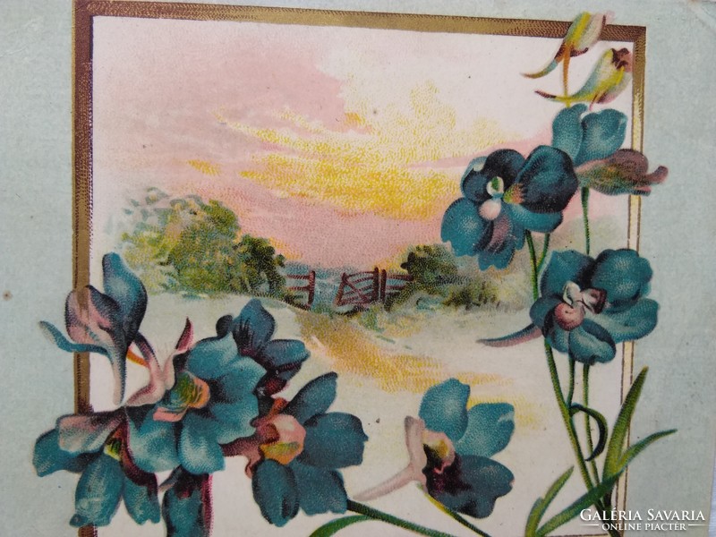 Antique English litho / lithographic postcard, landscape, blue flowers, greetings