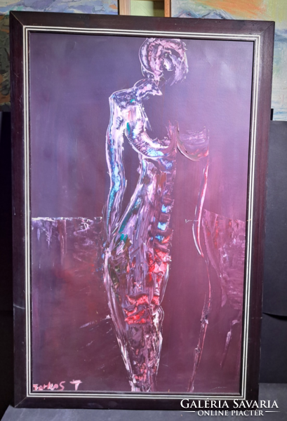 Absztrakt stílusú "Farkas T" jelzéssel - olajfestmény 89x56 cm kerettel