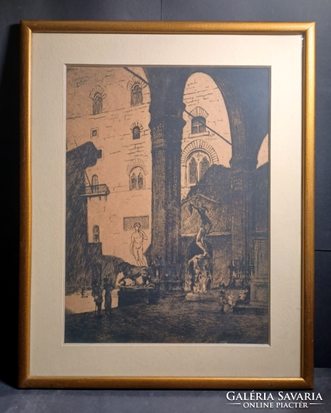 Cityscape with sculptures - etching (with frame 51x41cm)