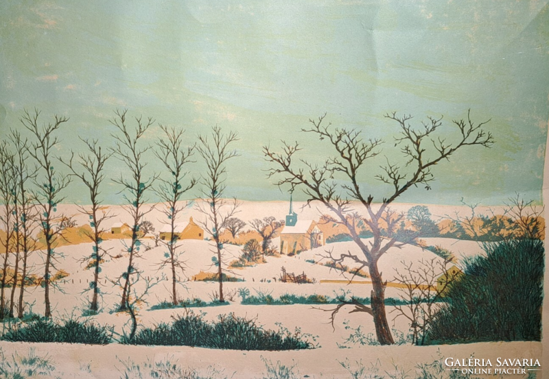 Tél a faluban, A. Drachkovitch-Thomas (1928-) litográfia - mesebeli havas táj