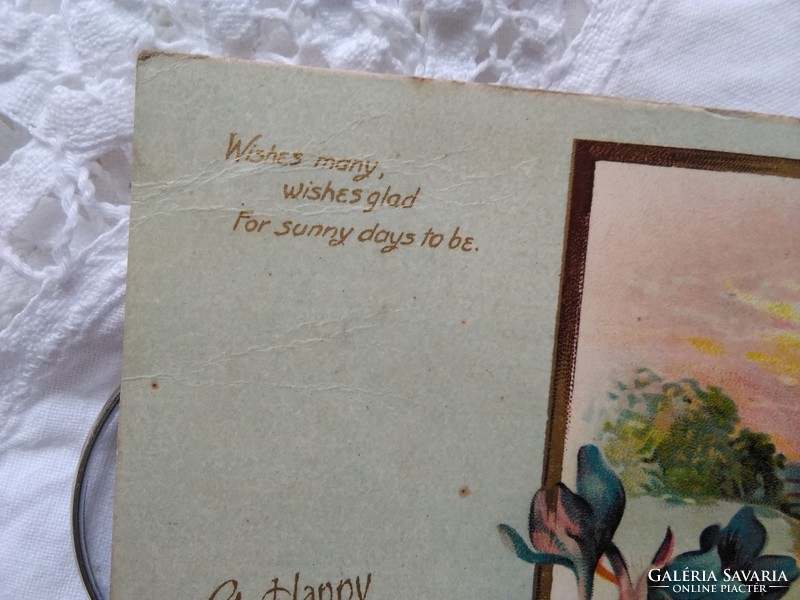 Antik angol litho/litográfiás képeslap, tájkép, kék virágok, üdvözlet