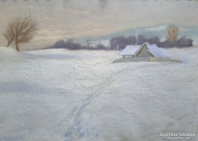 Téli táj házikóval - "Bülow" jelzéssel - pasztell - keretben 27x36 cm