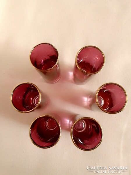 Special set of 6 old antique art deco colored burgundy glass liqueur glasses in a brass holder