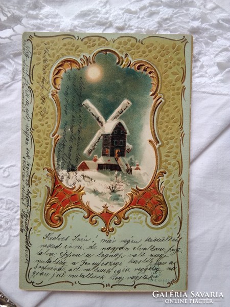 Antik dombornyomott, hosszúcímzéses aranyozott litho képeslap havas táj, szélmalom 1901
