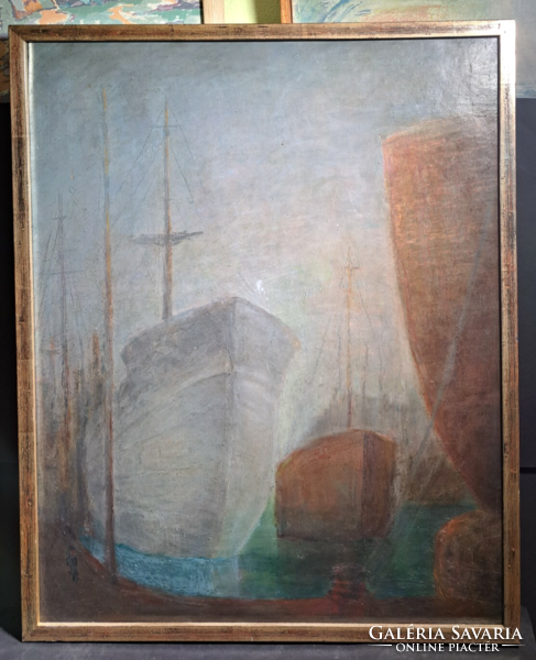 Dawn in the harbor (77x62 cm, oil, cardboard) a beautiful large-scale ship picture