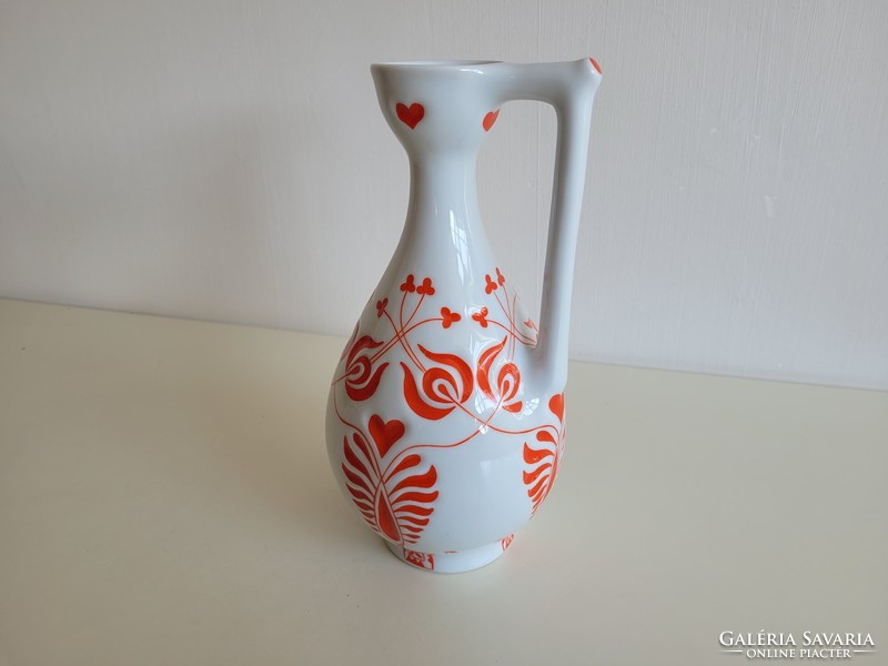 Retro régi piros fehér Zsolnay porcelán mid century füles váza