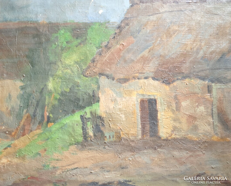 Old barn - oil, canvas, unidentified mark - with frame 44x37 cm - farm picture, village