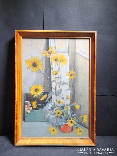 Margit Móricz: still life with flowers, 1964 - signed, watercolor/tempera - with frame 43x31 cm